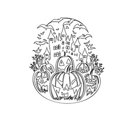 Whimsical Halloween Line Art Castle and Pumpkins