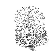 Haunted Spooky Castle with Bats Vector Illustration