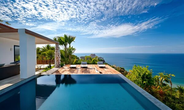 Serene infinity pool merges with azure ocean under a stunning sky. Relaxing retreat with vibrant tropical foliage