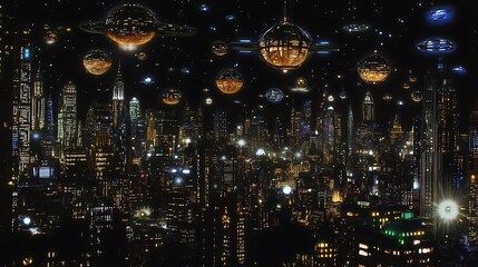 Fototapeta premium Futuristic city skyline with celestial bodies.