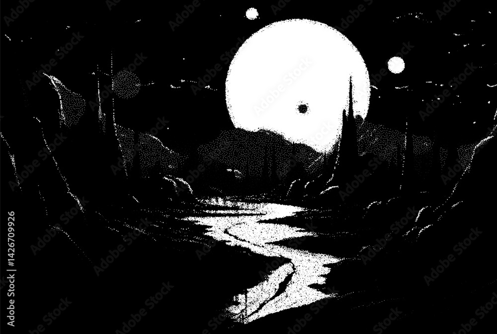 Poster Alien planet landscape in retro dotwork style. Planets and satellites over unknown planet in space. Sci-fi world landscape beyond our galaxy.