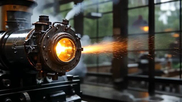 Close Up Of Vintage Steam Engine with Visible Smoke and Sparks Against a Blurred Background