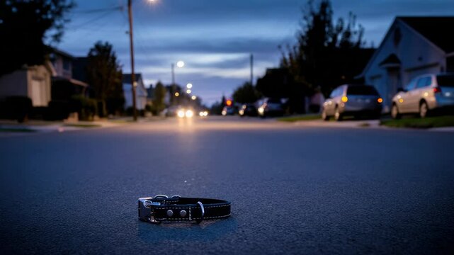 Dog collar lies on empty residential street at twilight, suggesting lost pet