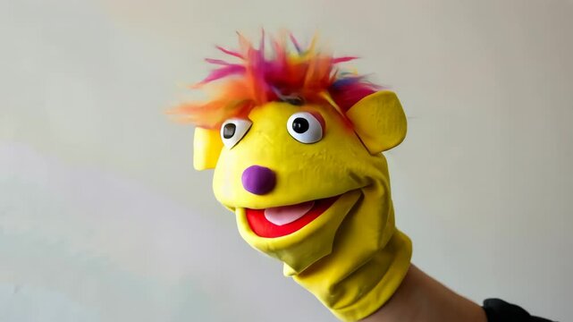 Colorful puppet with happy expression on person's hand