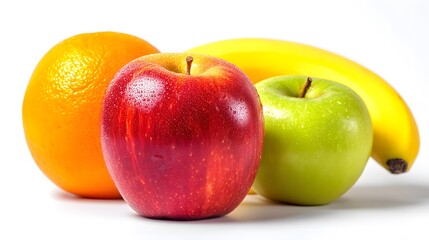 Close up of fresh fruits including a red apple green apple orange and a banana on a white surface