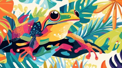 Fototapeta premium A beautiful, colorful frog is illustrated in a cute print style, showcasing vibrant hues and charming details.