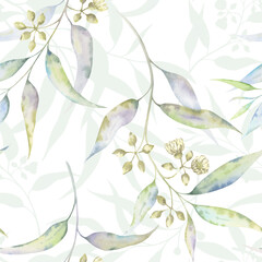 Obraz premium Eucalyptus blossom seamless pattern. Watercolor botanical background featuring light, translucent eucalyptus sprigs and blooms in soft pastel shades. Perfect for wrapping, packaging, invitations
