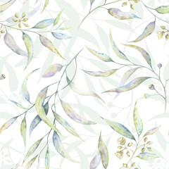 Fototapeta premium Green branches seamless pattern. Eucalyptus in watercolor illustrative technique. Gentle pastel tones create a motif perfect for eco-friendly designs. Ideal for wrapping paper, wallpaper, stationary