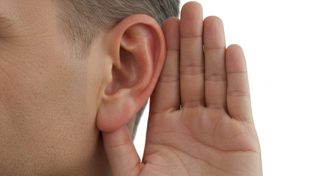 Person listening with hand on ear on transparent background