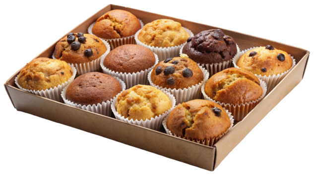 Assortment of freshly baked muffins in a cardboard box ready to eat