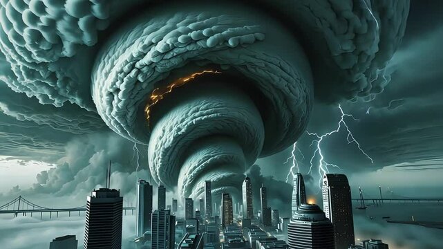 Massive Storm Cloud Over City with Lightning Strikes, Catastrophic Weather and Tornado Concept
