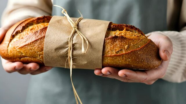 Person holding freshly baked bread wrapped in brown paper and string