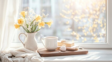 Obraz premium Morning tranquility with flowers and warm beverage on a cozy windowsill in soft sunlight