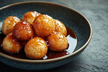 Luxurious Close-Up of Traditional Indian Gulab Jamun on Elegant Serving Plate.

