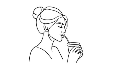 Woman drink coffee line art drawing. Barista made coffee on white background. Vector illustration	