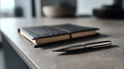 Close up of a black leather notebook and a silver pen on a gray surface with blurred background