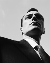 Powerful low-angle black and white portrait of confident 35-year-old businessman with high contrast grainy texture.