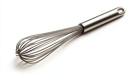 A metal whisk isolated on a pure white background, realistic lighting and shadow, ideal for cut-out and compositing