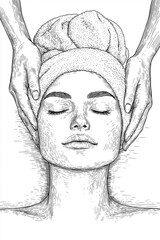 Serene Woman Receiving Facial Massage in Minimalist Black Line Art


