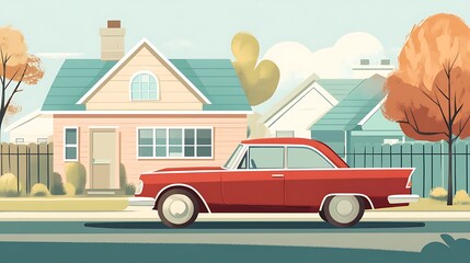 Classic Car Suburban Autumn Drive.