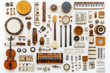 A curated collection of antique and modern musical instruments.