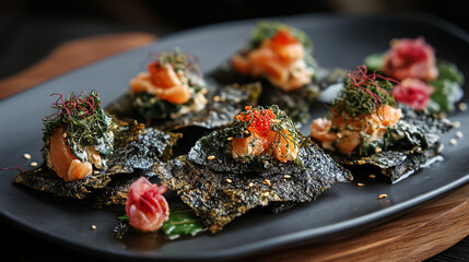 Close up of salmon appetizers on seaweed crackers with garnishes on a dark gray plate surface
