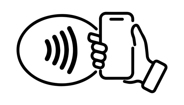 NFC technology. Hand holding Phone. Contactless wireless pay sign logo. Near Field Communication nfc payment concept. Contact less.