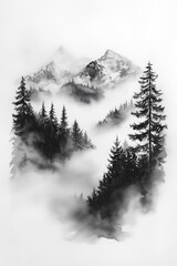 misty forest, monochrome, pencil drawing, textured paper, atmospheric, woodland, foggy landscape, graphite sketch, natural texture, serene scene, tonal shading, quiet woods, detailed strokes, organic 