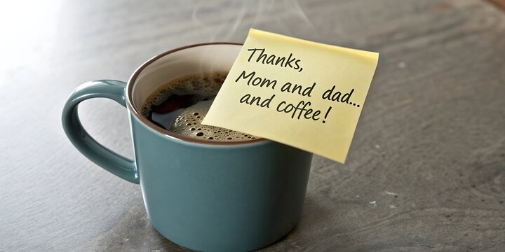 Steaming coffee mug with thank you note for mom and dad on gray surface