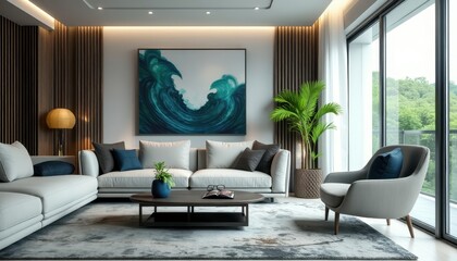 Showcase elegance living room with ocean wave artwork and quality furniture. Condo idea creative