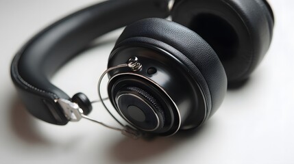 A close up shot of black over ear headphones with silver accents on a white surface background