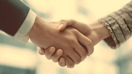 A close up shot of two people shaking hands in what appears to be a business or professional setting