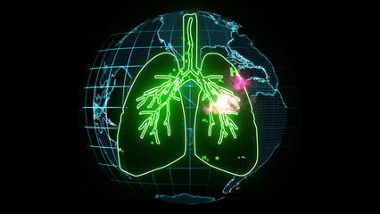 lung green digital animation and blood vessel with pink energy flow global and particle green hydrogen flying inside