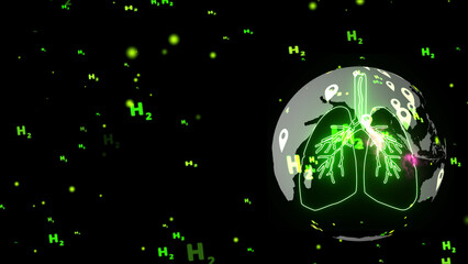 lung green digital animation and blood vessel with pink energy flow inside global india ocean particle green hydrogen flying