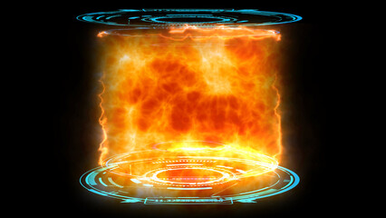 Nuclear fusion engine simulation of atomic collision to powerful  release mass power in digital blue laboratory on black isolated