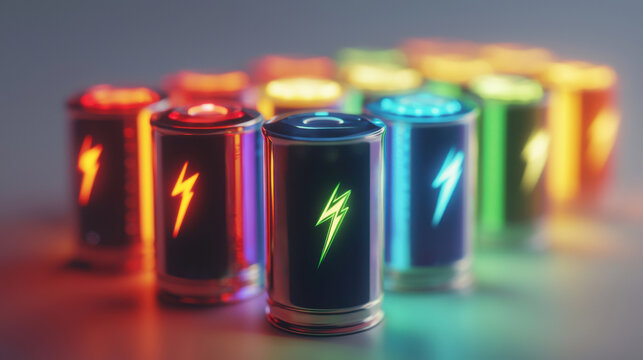 Colorful glowing batteries with lightning symbols, futuristic energy concept, vibrant neon colors, technology innovation, renewable energy, World Energy Day, energy innovation - Powered by Adobe