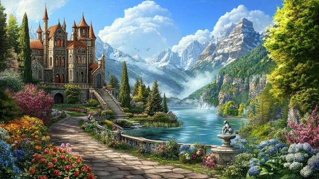 A beautiful fantasy world unfolds with a serene landscape dotted by magical creatures.