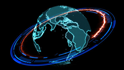 peer to peer global network wireless and orange laser connection simulation on monitor digital technology blue ring