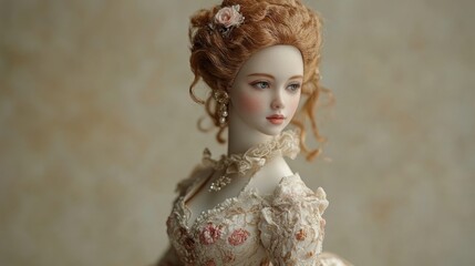 A doll in a Victorian-style gown with intricate details, on a soft beige backdrop