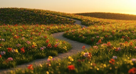 A sunlit path weaves through a vibrant wildflower meadow, evoking a sense of peace and serenity.