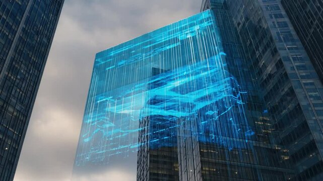 Digital overlay of urban infrastructure on skyscrapers.