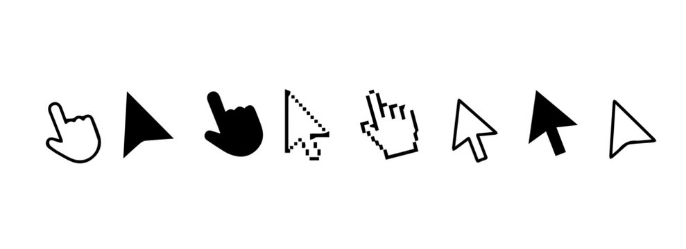 Computer mouse click cursor. Pointer click. Hand pointer symbol. Clicking finger. Click Cursor. Pixel cursor or computer mouse pointer.