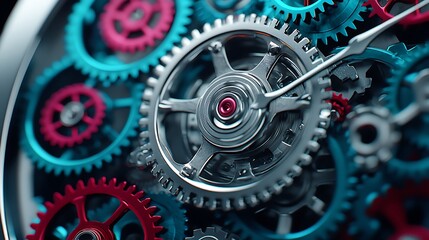 A close-up of a complex clockwork mechanism with intricate gears interlocked and rotating smoothly