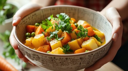 A bowl of vibrant vegan curry, filled with tender potatoes, carrots, peas, parsley, and pumpkin, is being served on the kitchen table.