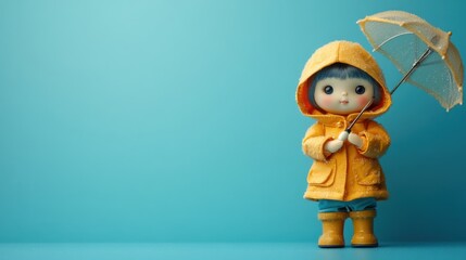 Fototapeta premium A doll wearing a raincoat and boots, holding a tiny umbrella, on a sky-blue background 