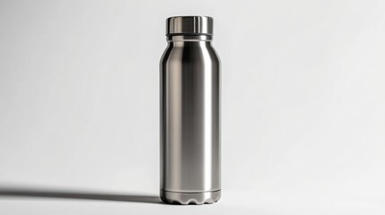 A metal thermos bottle isolated on a pure white background, realistic lighting and shadow, ideal for cut-out and compositing