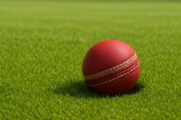 Naklejka premium A cricket ball resting on a lush green golf course. The ball is partially embedded in the grass, with only a small portion of it visible.