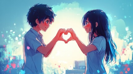 A boy and girl are depicted in anime style, forming a heart shape with their arms as a symbol of their affection for each other.