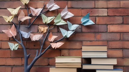 Colorful origami butterflies adorn a tree against a brick wall, with stacked books below