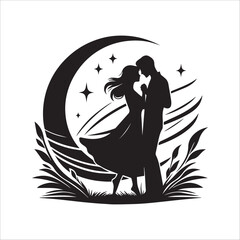 Elegant wedding silhouette of bride and groom. Minimalist black silhouette vector illustration of a romantic couple in an elegant, timeless pose.